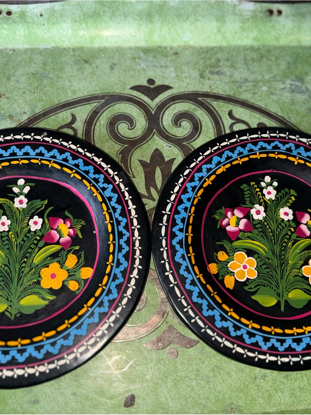 Hand-Painted Floral Black Round Coasters - Set of 2